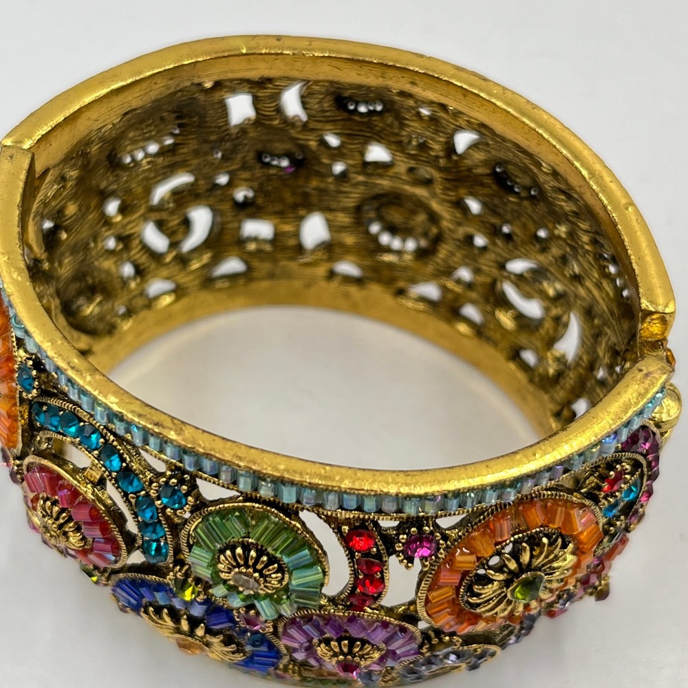 Vintage Gold Multi-Color Beaded Filigree Statement Cuff Hinged Bracelet Classic - Picture 3 of 7